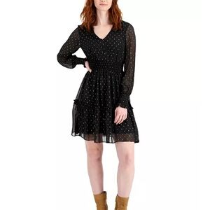 Taylor Elegant Black Gold Polka Dots Long Sleeve Tiered Dress Size 8
